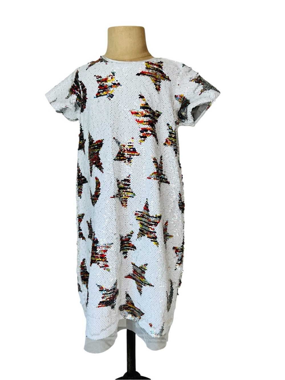 Halabaloo Girl’s White Sequin Star Shift Dress with Multicolor Stars Size 5